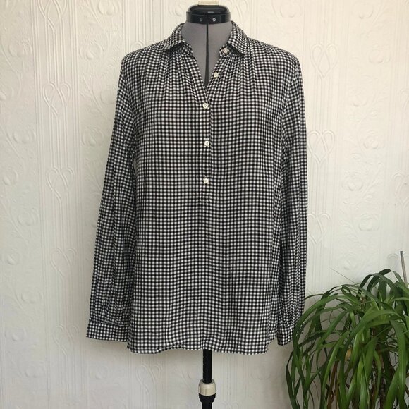 Gingham black and white pop over shirt gathered neckline by J Crew size 10 TALL - Picture 1 of 3